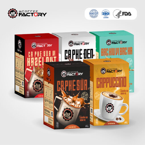 Combo 5 hộp sản phẩm Cà Phê Cappuccino - Cà Phê Sữa vị Hazelnut - Cà Phê Sữa - Bạc Xỉu Bạc Hà - Cà Phê Đen Hòa Tan